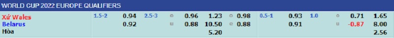 Tỷ lệ kèo bóng đá trận đấu giữa hai đội Xứ Wales - Belarus, 02h45 ngày 14/11/2021